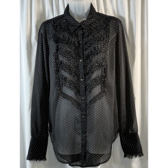 Free People Sheer Polka Dot Fringe Chiffon Shirt Black Ivory M whimsical 80-30 - Picture 1 of 12